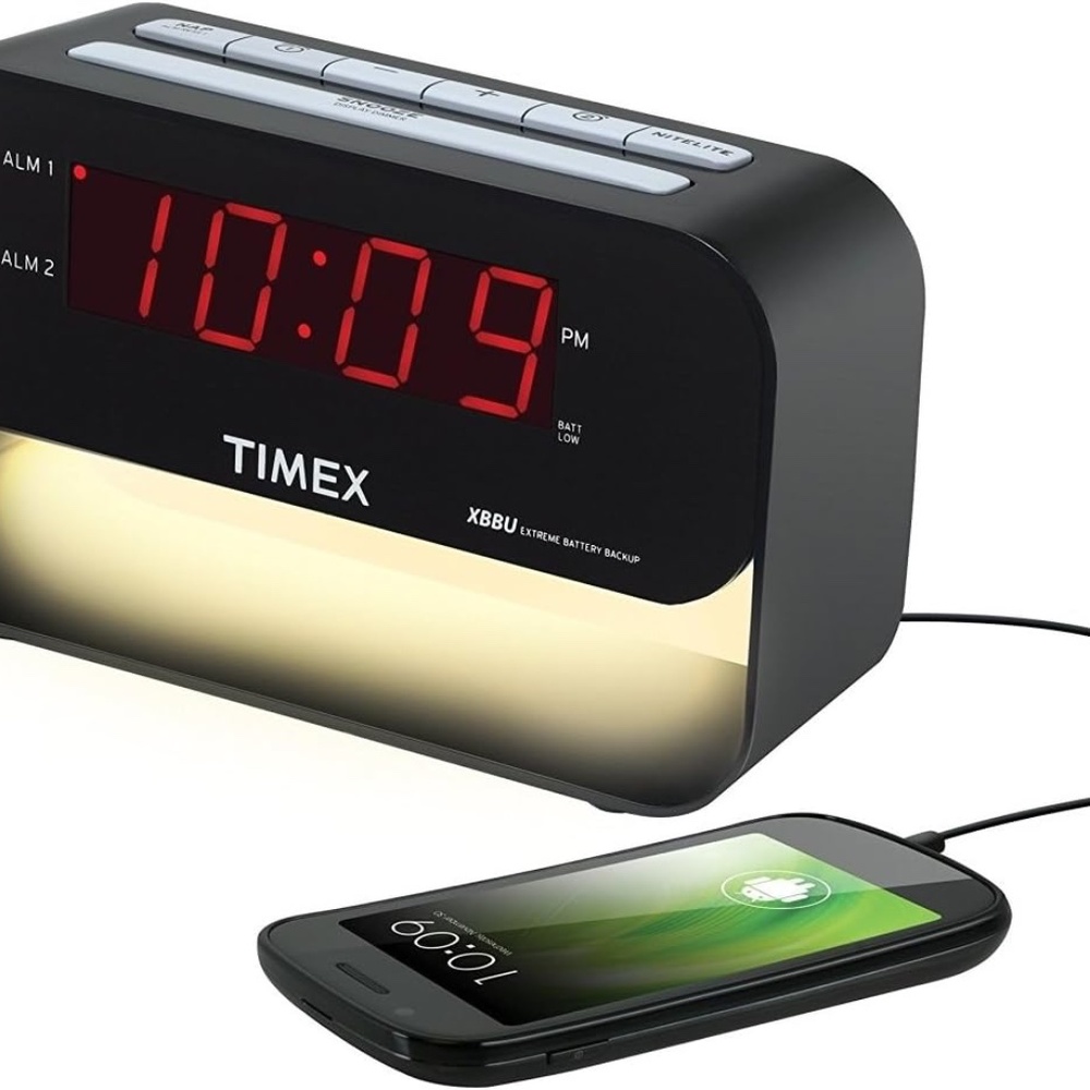 Timex Dual Alarm Clock with USB Charging and Night Light - Black